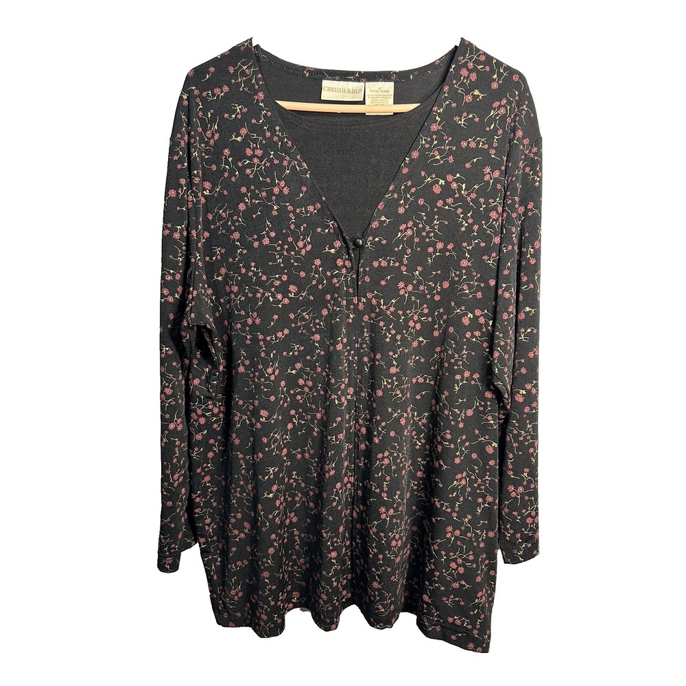 christie & jill womens long sleeve‎ black floral shirt size 1X